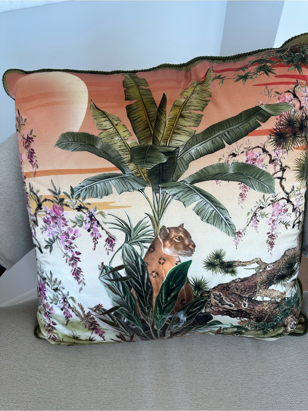 Annabel’s London Exclusive Silk Pillow | Botanical Jungle Leopard Cushion - Picture 2 of 5